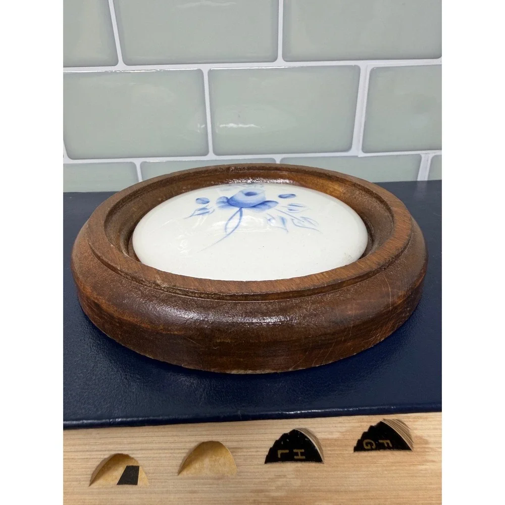 VTG Lasting Products Inc Hand Painted Blue Rose Ceramic & Wood Wall Plaque